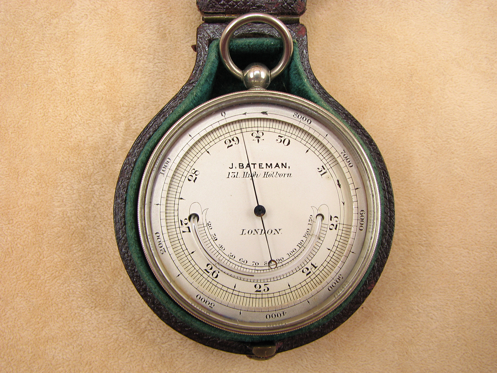 Late 19th century pocket barometer with thermometer 
signed J BATEMAN 131 High Holborn